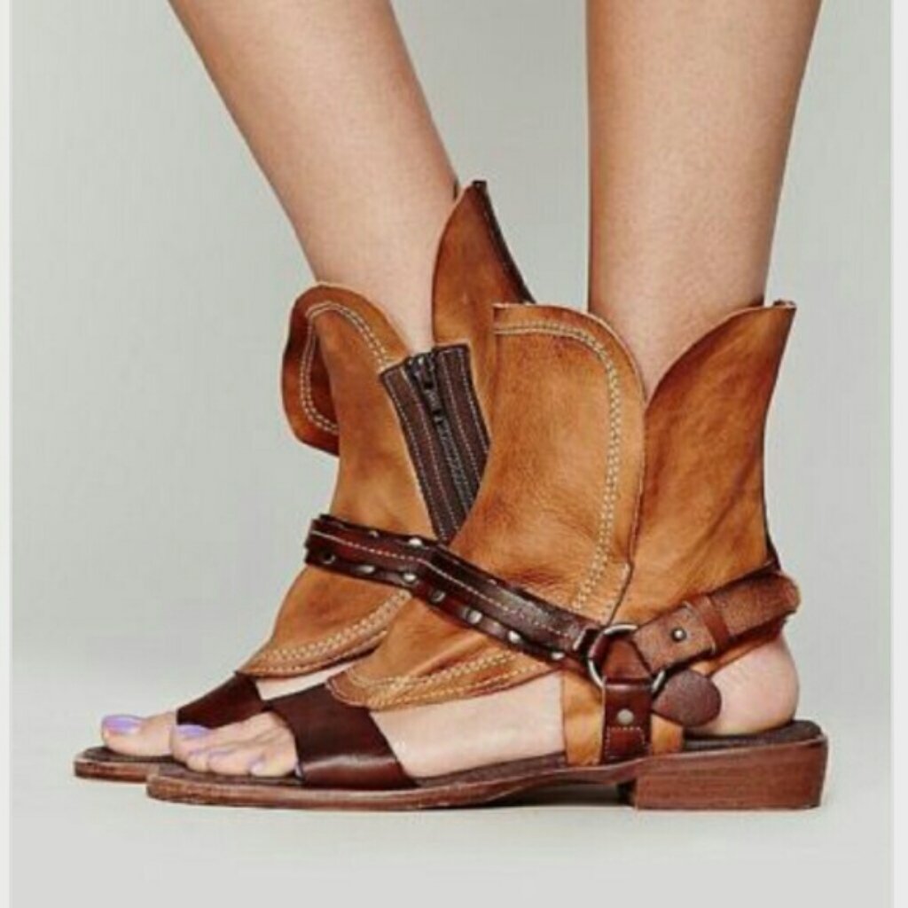 Free People Everything Went West Leather Bootie Studded Harness Flat Sandal